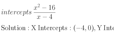 The intercepts of (x^2-16)/(x-4) is X Intercepts: (-4,0),Y Intercepts: (0,4)
